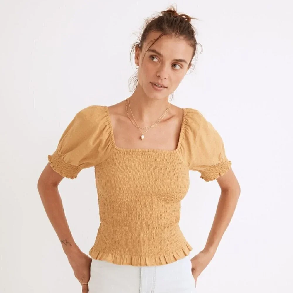 Madewell Yellow Lucie Puff-Sleeve Smocked Bodice Short Sleeve Top Size Small